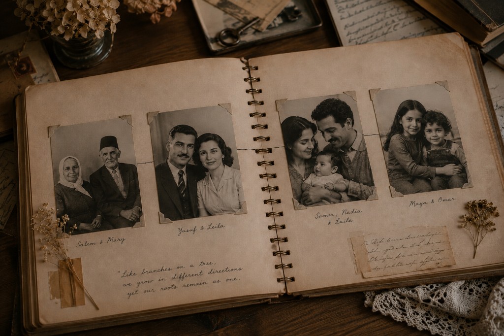 Open family photo album with vintage photographs of multiple generations on a wooden table